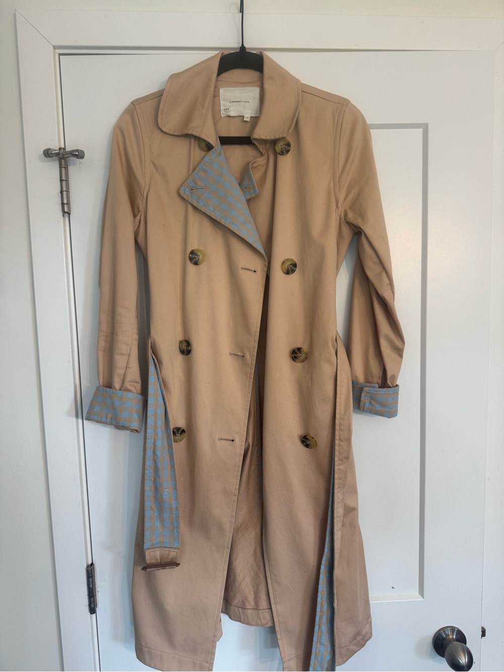 Anthropologie Beige Trench Coat with Blue Check Accents